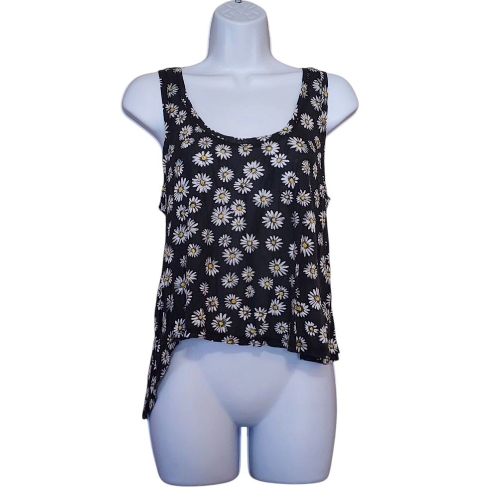 Eyelash Womens Tank Top Size M Black White Daisies Floral Asymmetrical Hem